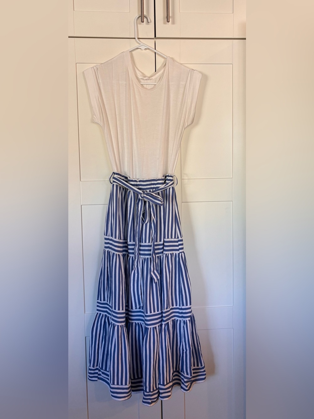 August Sky Striped Blue & White Tiered Midi Dress
